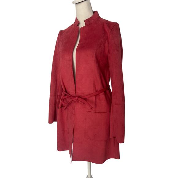H&M Blush Rose Faux Suede Belted Longline Jacket Coat Size 0 - Picture 1 of 6